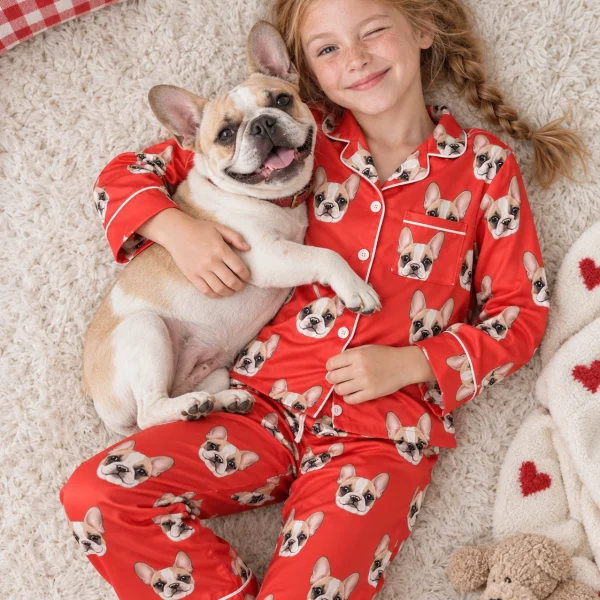 Girl in a girls pajama sets cuddling her French bulldog — MyDogPics