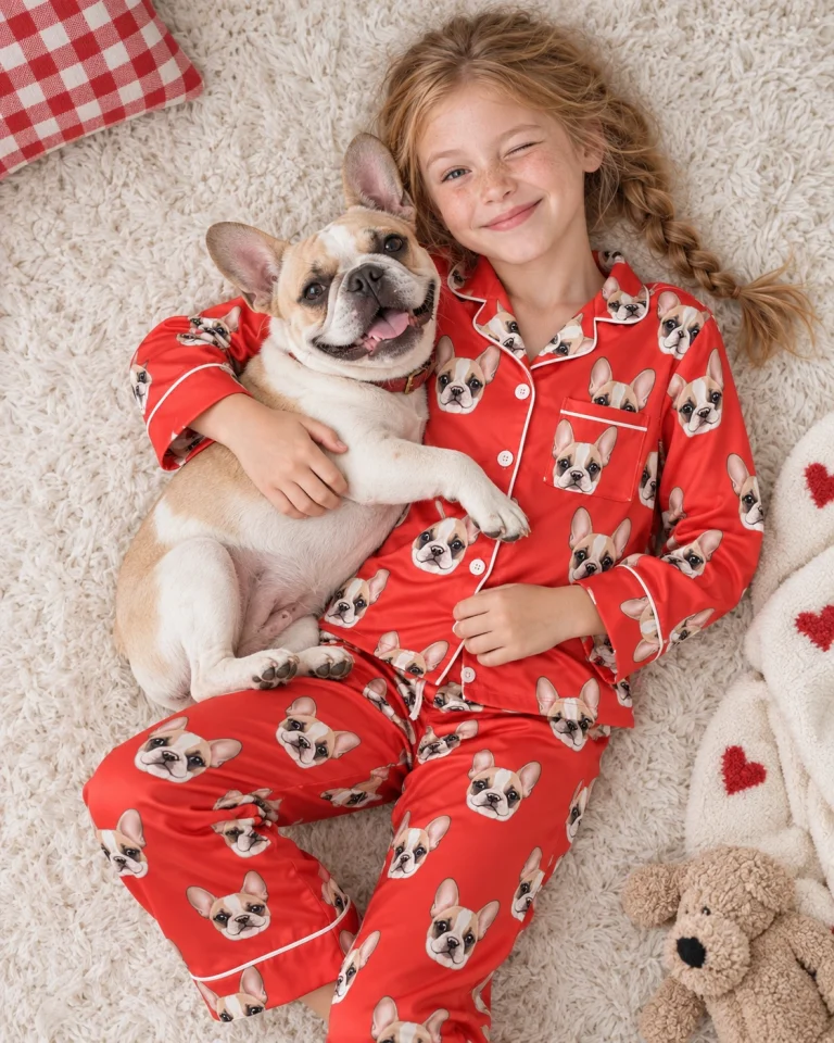 Girl in a girls pajama sets cuddling her French bulldog — MyDogPics