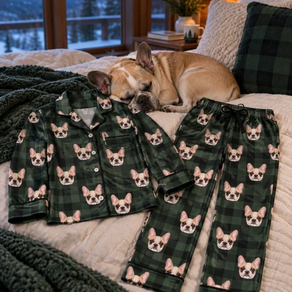 Flat lay of a girls pajama sets: shirt and pants covered in cream French bulldog faces — MyDogPics