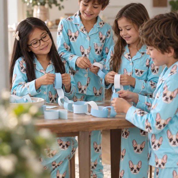 Kids in matching girls pajama sets with cream French bulldog faces on light blue satin — MyDogPics