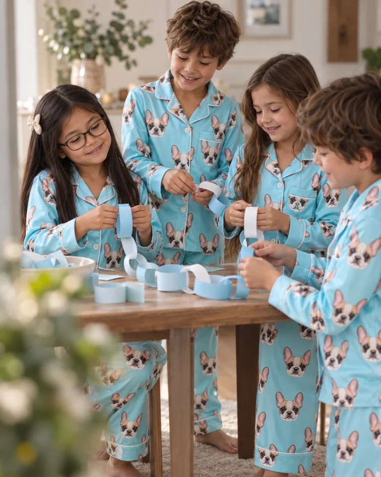 Kids in matching girls pajama sets with cream French bulldog faces on light blue satin — MyDogPics