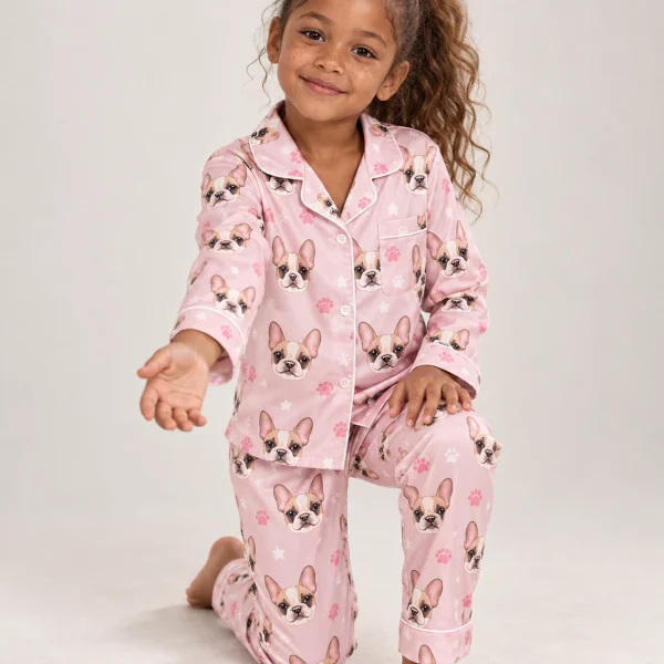 Girl posing in a girls pajama sets, cream French bulldog faces on blush pink paw-print satin — MyDogPics