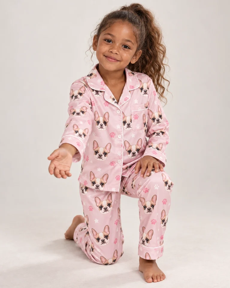 Girl posing in a girls pajama sets, cream French bulldog faces on blush pink paw-print satin — MyDogPics