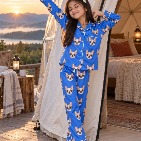 Girl posing in a girls pajama sets, cream French bulldog faces on royal blue satin — MyDogPics