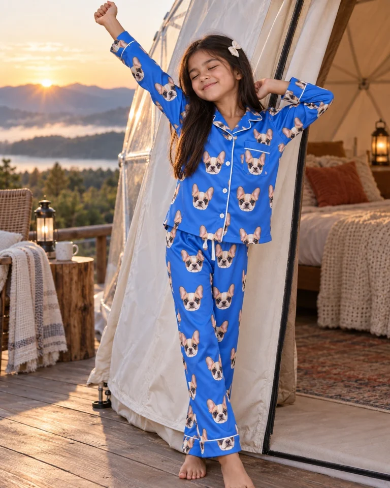Girl posing in a girls pajama sets, cream French bulldog faces on royal blue satin — MyDogPics