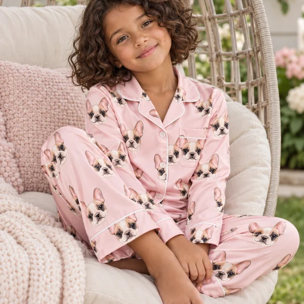 Girl sitting in a girls pajama sets covered in cream French bulldog faces — MyDogPics