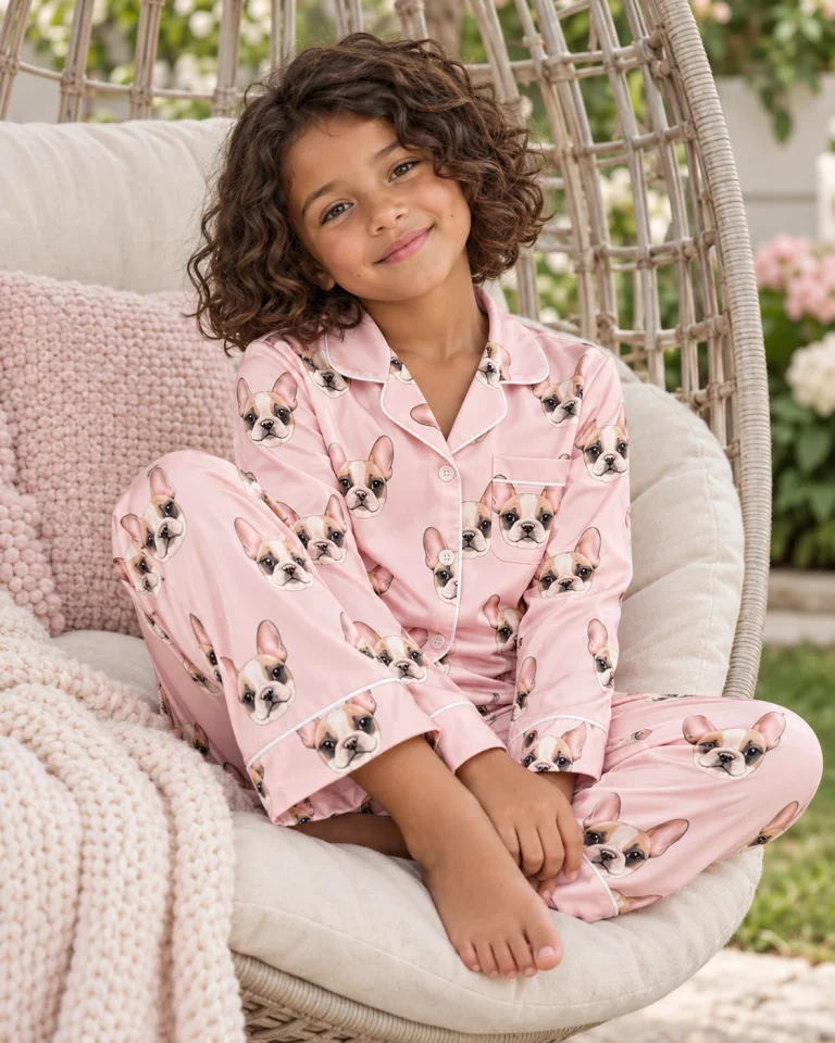 Girl sitting in a girls pajama sets covered in cream French bulldog faces — MyDogPics