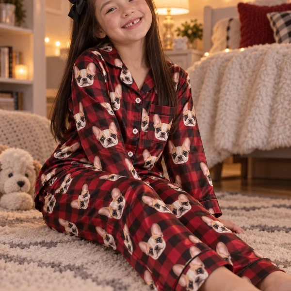 Girl sitting in a girls pajama sets covered in cream French bulldog faces — MyDogPics