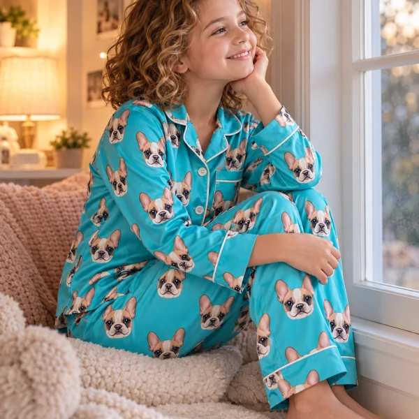 Girl sitting in a girls pajama sets covered in cream French bulldog faces — MyDogPics