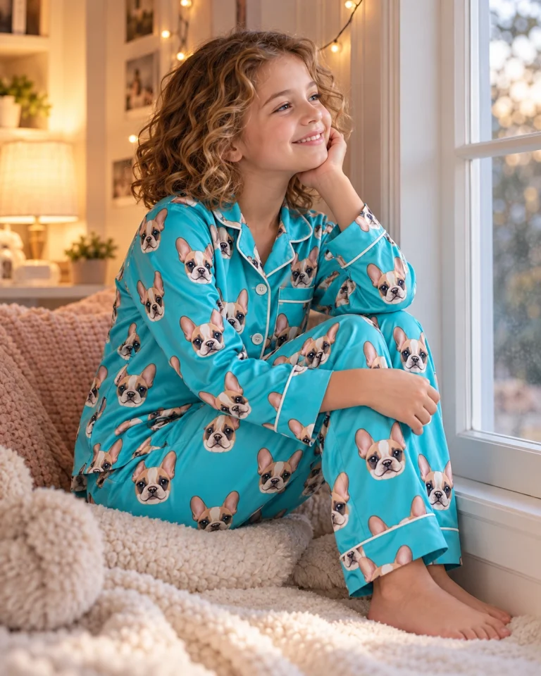 Girl sitting in a girls pajama sets covered in cream French bulldog faces — MyDogPics