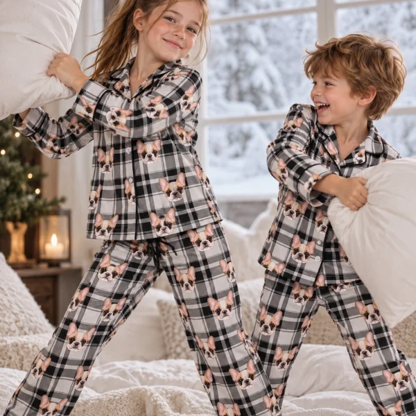 Two kids in girls pajama sets with cream French bulldog faces on white plaid satin — MyDogPics
