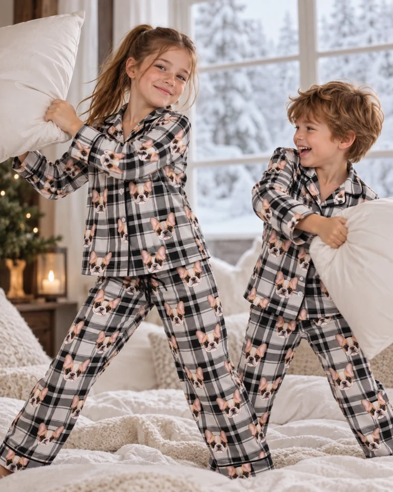 Two kids in girls pajama sets with cream French bulldog faces on white plaid satin — MyDogPics