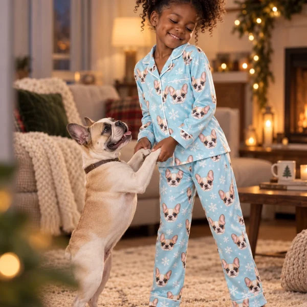 Girl in a girls pajama sets with her French bulldog — MyDogPics