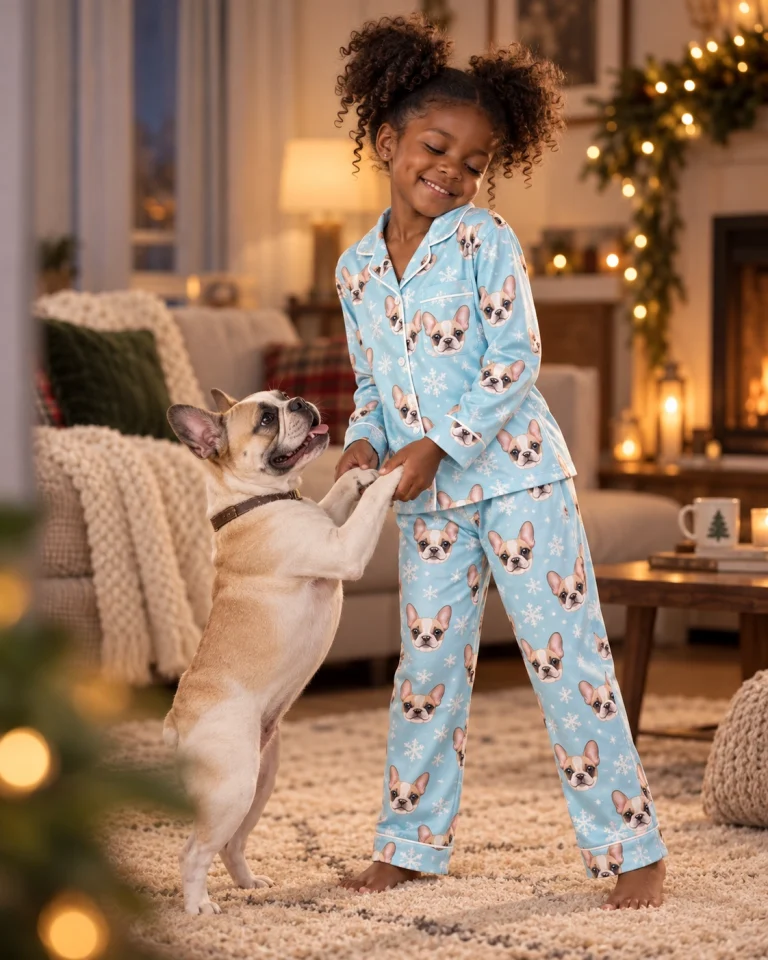 Girl in a girls pajama sets with her French bulldog — MyDogPics