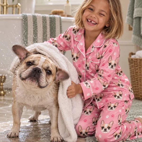 Girl in a girls pajama sets with her French bulldog — MyDogPics