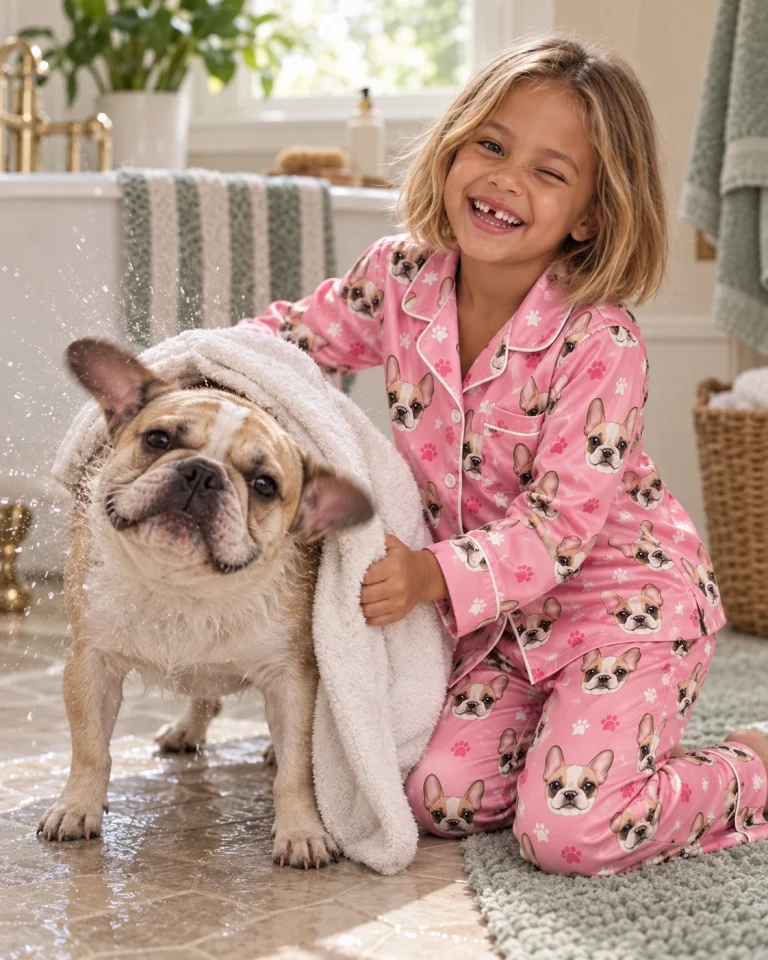 Girl in a girls pajama sets with her French bulldog — MyDogPics