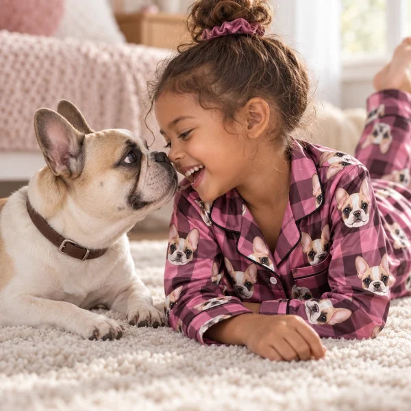 Girl in a girls pajama sets with her French bulldog — MyDogPics