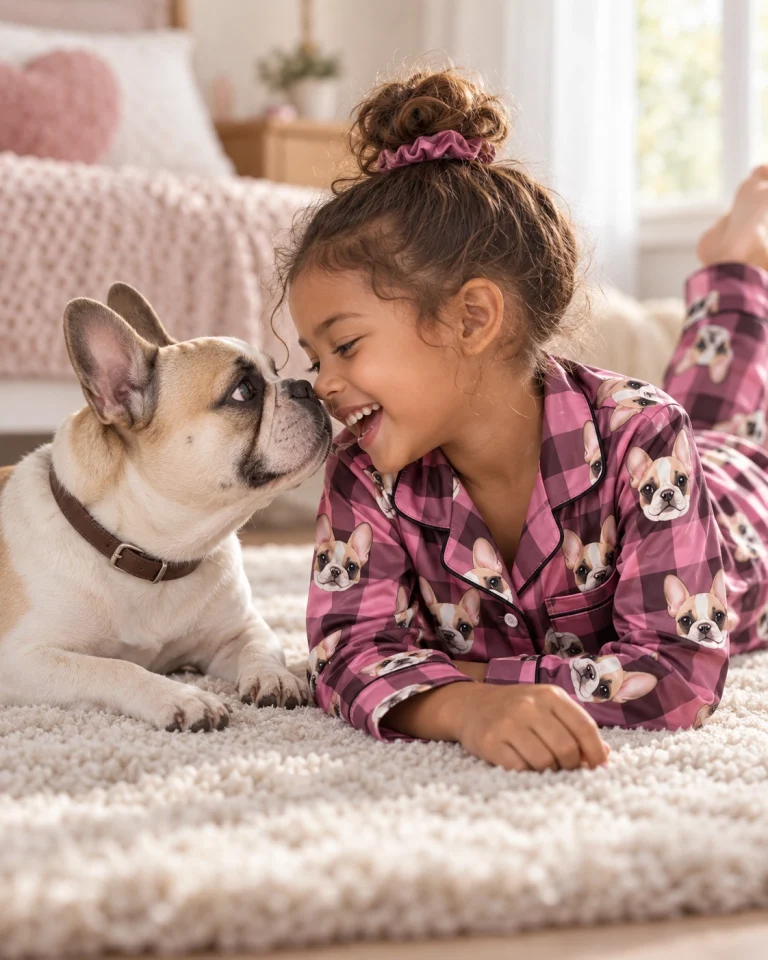 Girl in a girls pajama sets with her French bulldog — MyDogPics