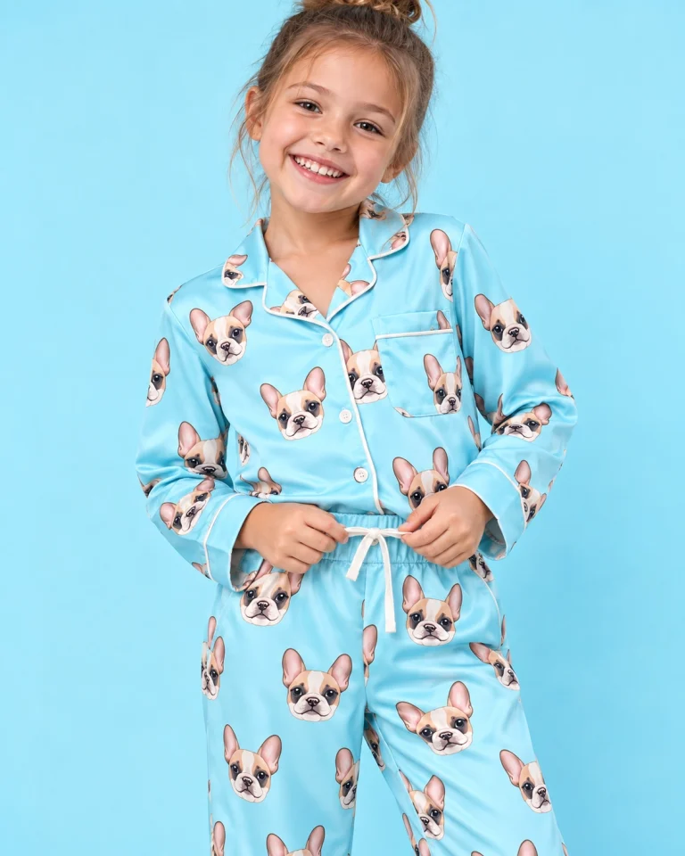 Close-up of the girls pajamas print: cream French bulldog faces on light blue satin — MyDogPics