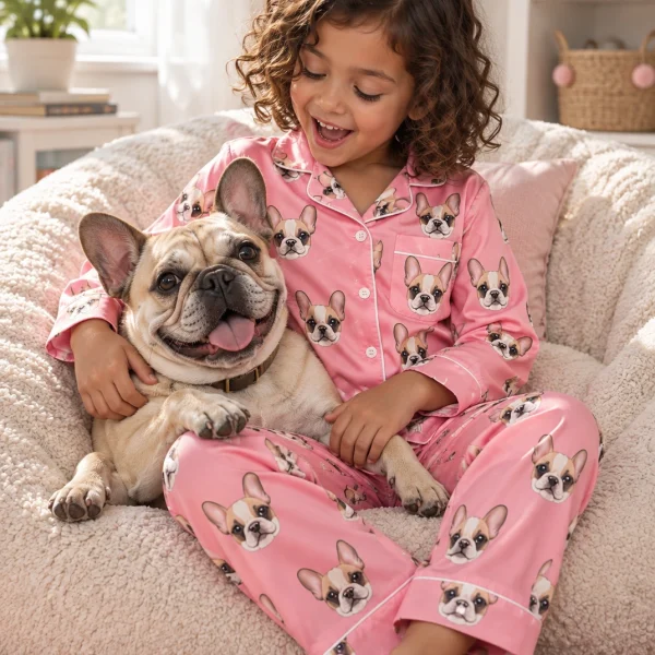 Girl in girls pajamas cuddling her French bulldog — MyDogPics