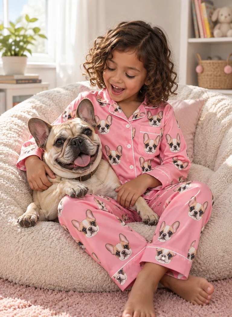 Girl in girls pajamas cuddling her French bulldog — MyDogPics