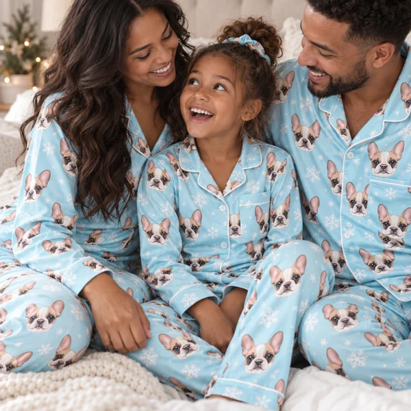 Girl and family in matching girls pajamas with cream French bulldog faces on blue snowflake satin — MyDogPics
