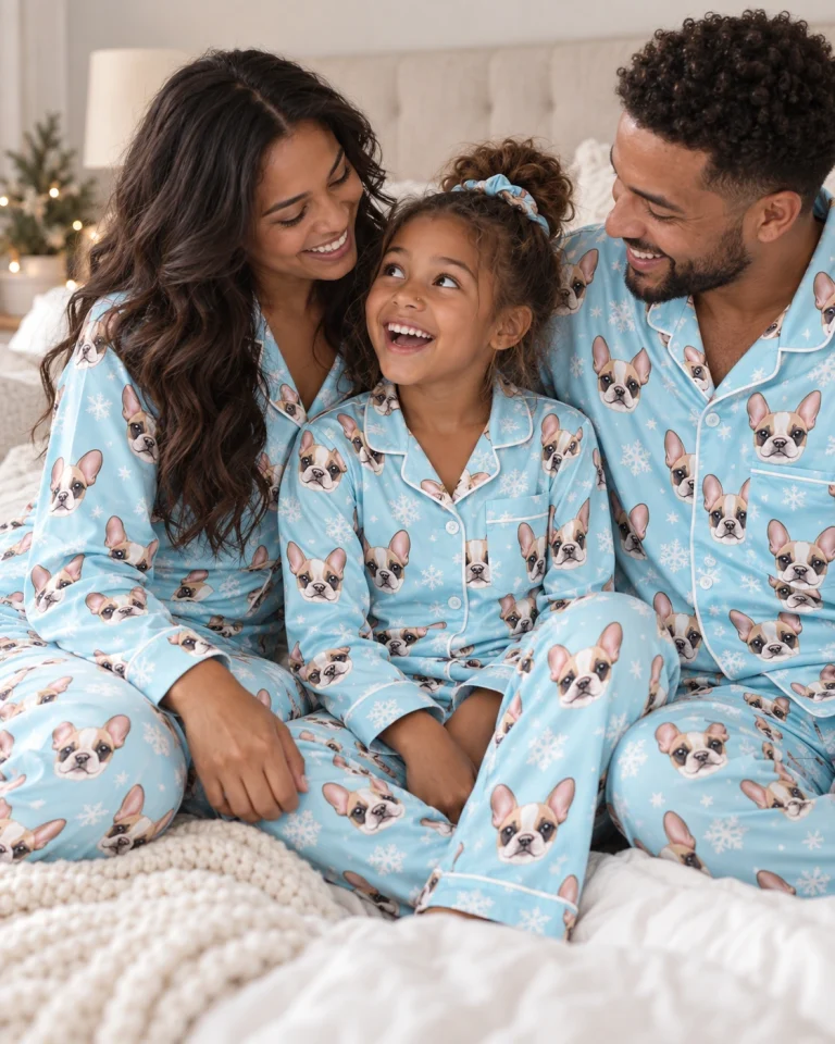 Girl and family in matching girls pajamas with cream French bulldog faces on blue snowflake satin — MyDogPics