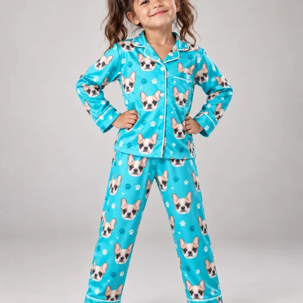 Girl wearing girls pajamas covered in cream French bulldog faces on teal paw-print satin — MyDogPics