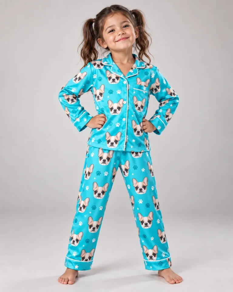 Girl wearing girls pajamas covered in cream French bulldog faces on teal paw-print satin — MyDogPics