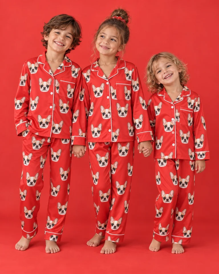 Kids in matching girls pajamas with cream French bulldog faces on red satin — MyDogPics