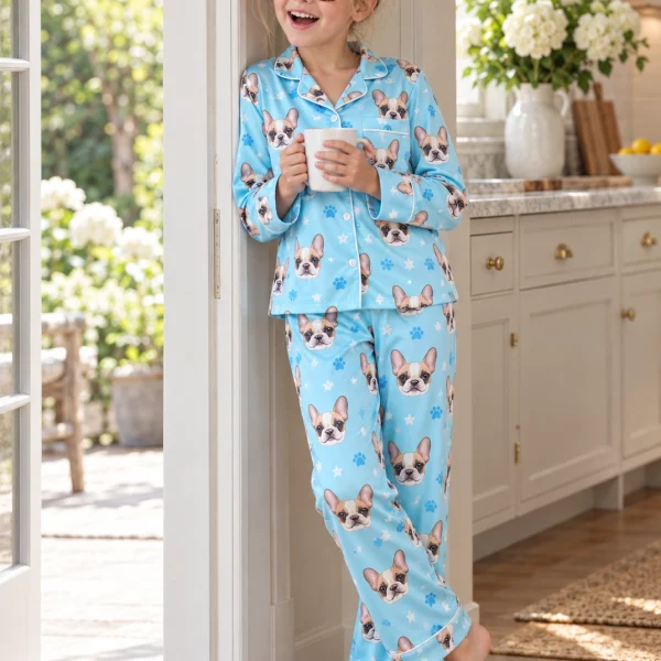 Girl posing in girls pajamas, cream French bulldog faces on light blue paw-print satin — MyDogPics