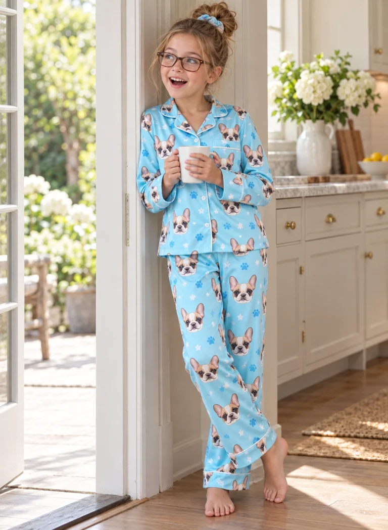 Girl posing in girls pajamas, cream French bulldog faces on light blue paw-print satin — MyDogPics