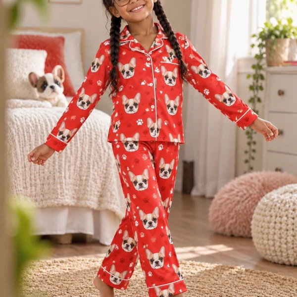 Girl posing in girls pajamas, cream French bulldog faces on red paw-print satin — MyDogPics