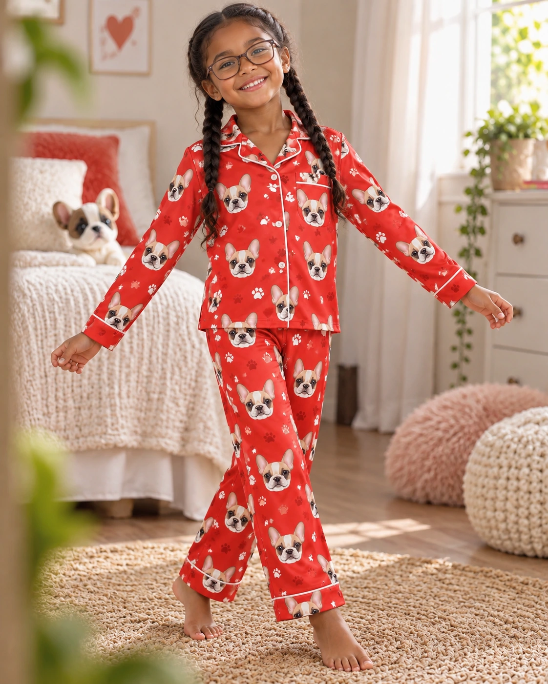 Girls Pajamas – Pose, Red Paw-Print | MyDogPics Girl posing in girls pajamas, cream French bulldog faces on red paw-print satin — MyDogPics