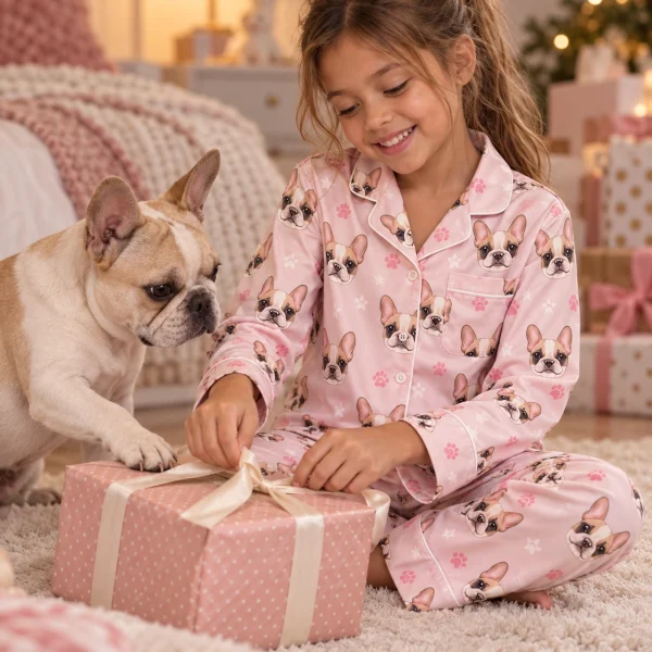 Girl sitting in girls pajamas covered in cream French bulldog faces — MyDogPics
