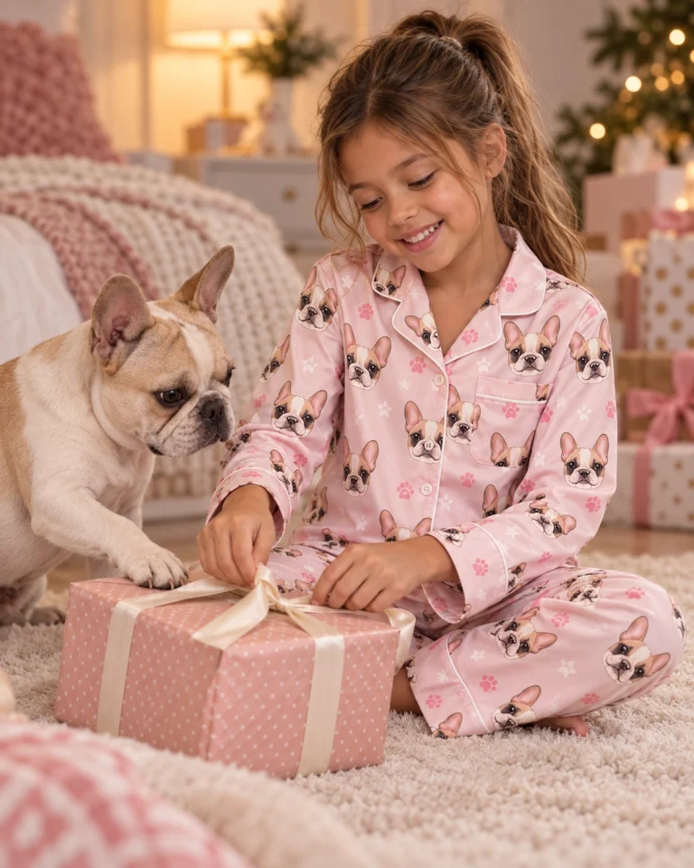 Girl sitting in girls pajamas covered in cream French bulldog faces — MyDogPics