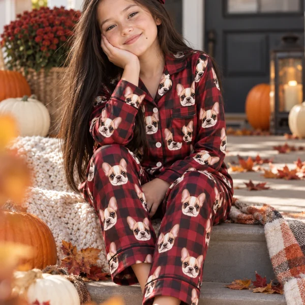 Girl sitting in girls pajamas covered in cream French bulldog faces — MyDogPics