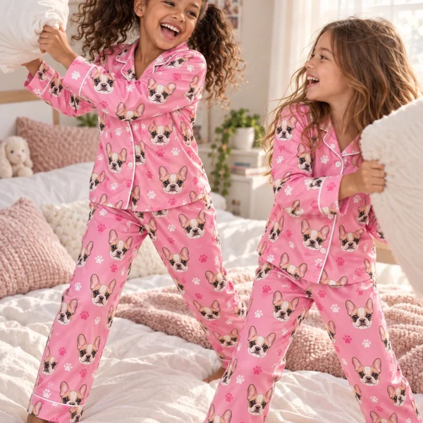 Two kids in girls pajamas with cream French bulldog faces on pink paw-print satin — MyDogPics