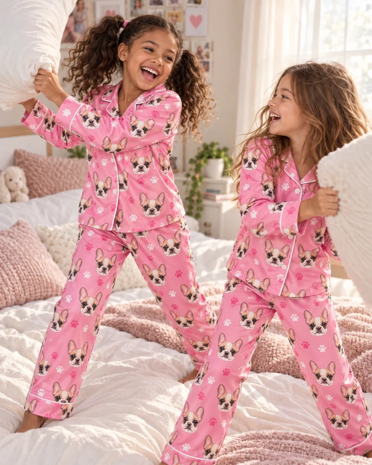Two kids in girls pajamas with cream French bulldog faces on pink paw-print satin — MyDogPics