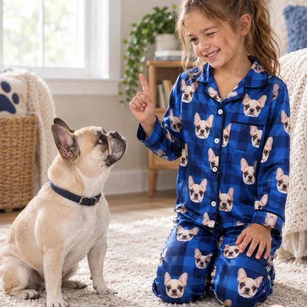 Girl in girls pajamas with her French bulldog — MyDogPics