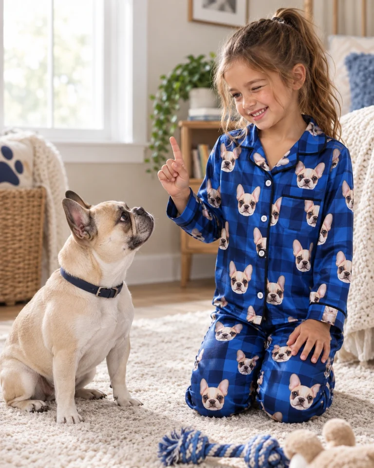 Girl in girls pajamas with her French bulldog — MyDogPics