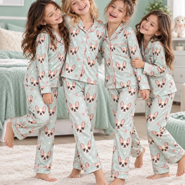 Kids in matching girls satin pajamas with cream French bulldog faces on mint satin with pink hearts — MyDogPics