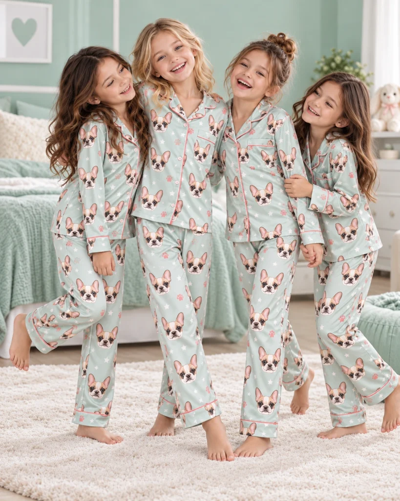 Kids in matching girls satin pajamas with cream French bulldog faces on mint satin with pink hearts — MyDogPics