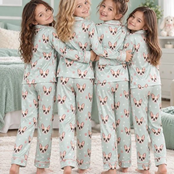 Kids in matching girls satin pajamas with cream French bulldog faces on mint satin with pink hearts — MyDogPics