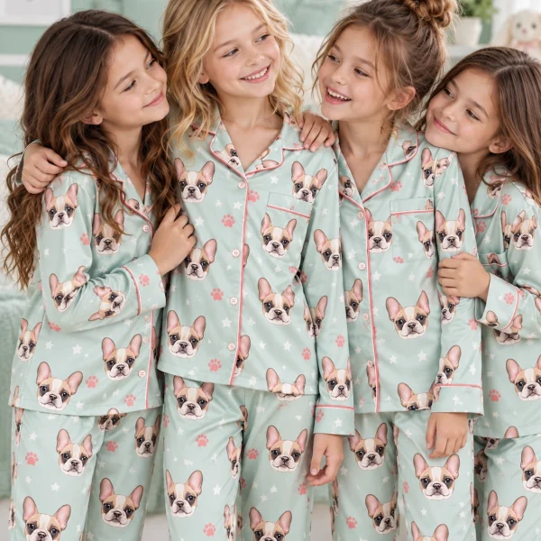 Kids in matching girls satin pajamas with cream French bulldog faces on mint satin with pink hearts — MyDogPics