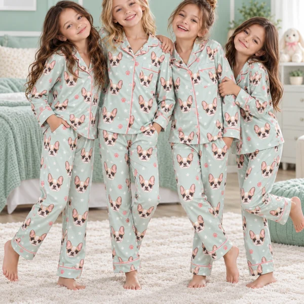 Kids in matching girls satin pajamas with cream French bulldog faces on mint satin with pink hearts — MyDogPics