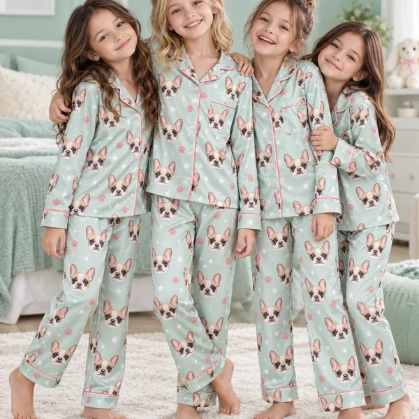 Kids in matching girls satin pajamas with cream French bulldog faces on mint satin with pink hearts — MyDogPics