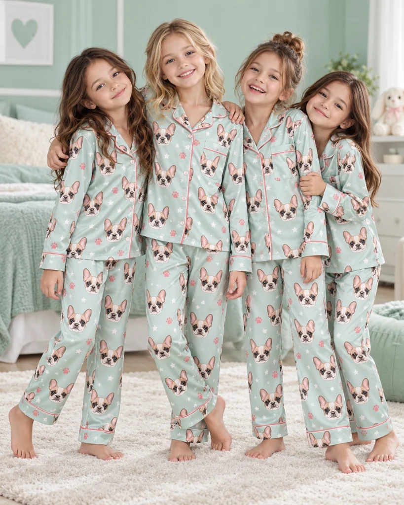Kids in matching girls satin pajamas with cream French bulldog faces on mint satin with pink hearts — MyDogPics
