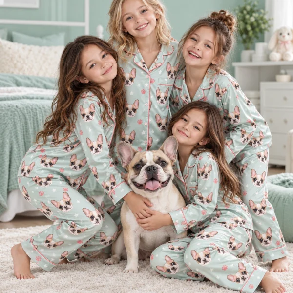 Kids in girls satin pajamas with their French bulldog — MyDogPics