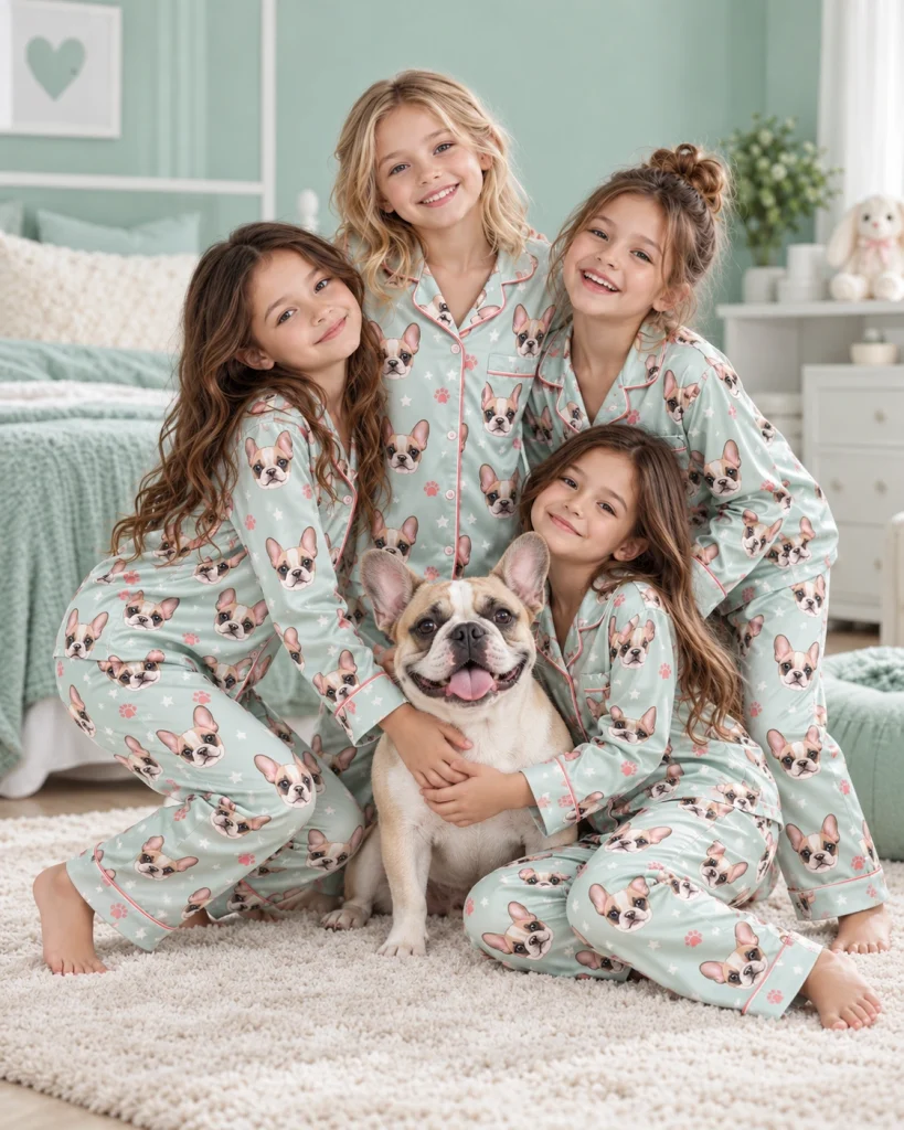 Kids in girls satin pajamas with their French bulldog — MyDogPics